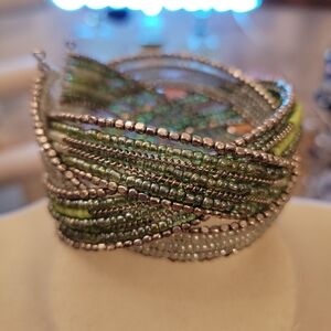 Afrocentric Beaded Cuff Bracelet / Green & Silver